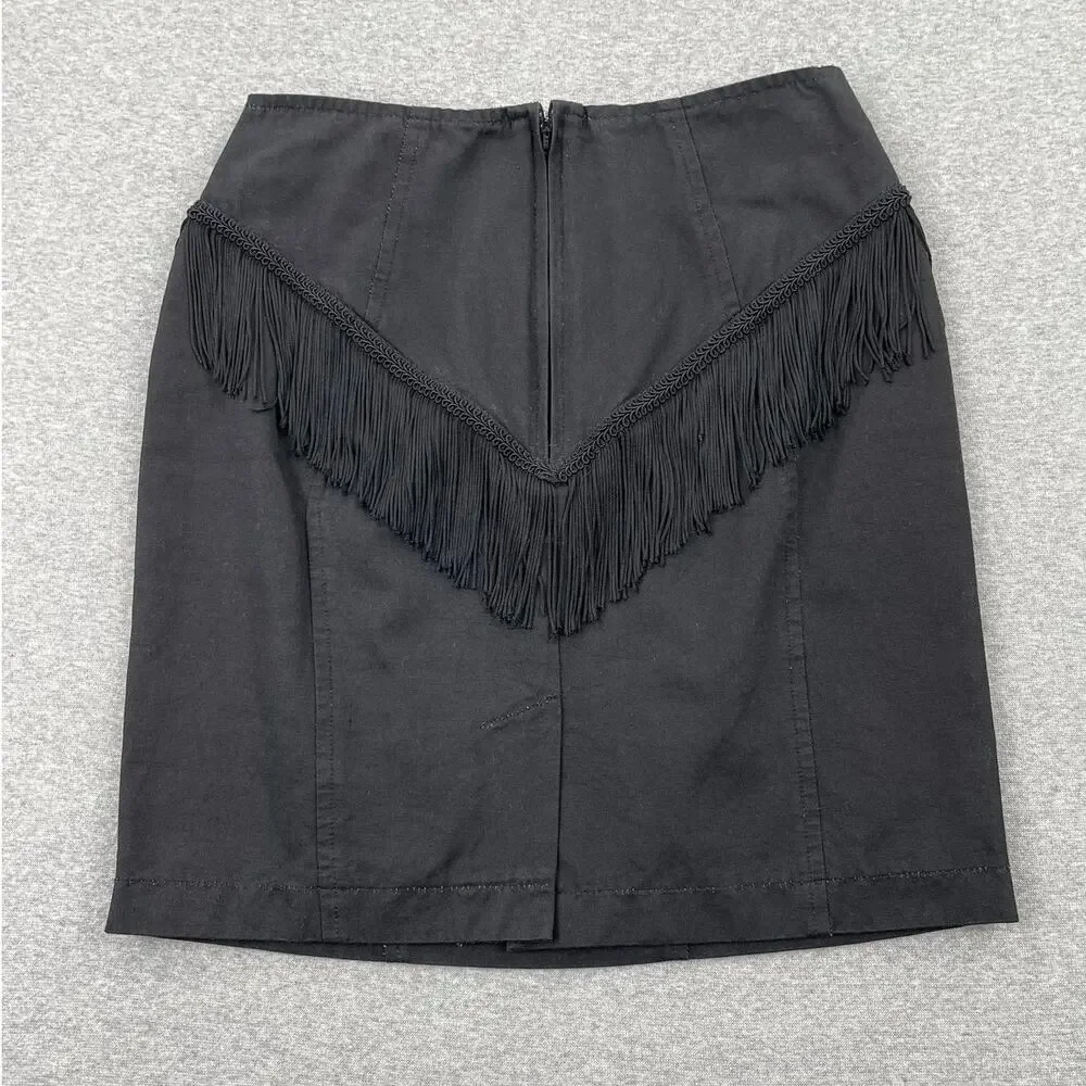 Vintage Y2K Black Fringe Mini Skirt Size 7 Western Boho Cowgirl Party High Waist